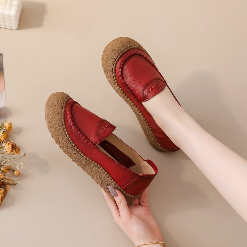 Első réteg marhabőrből készült női slip-on cipő, lélegző, csúszásmentes, kerek orr, lapos talp