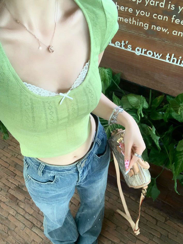 BM lažni dvodijelni top od čipke i T‑shirt za žene, kratkih rukava, zeleni ljetni top