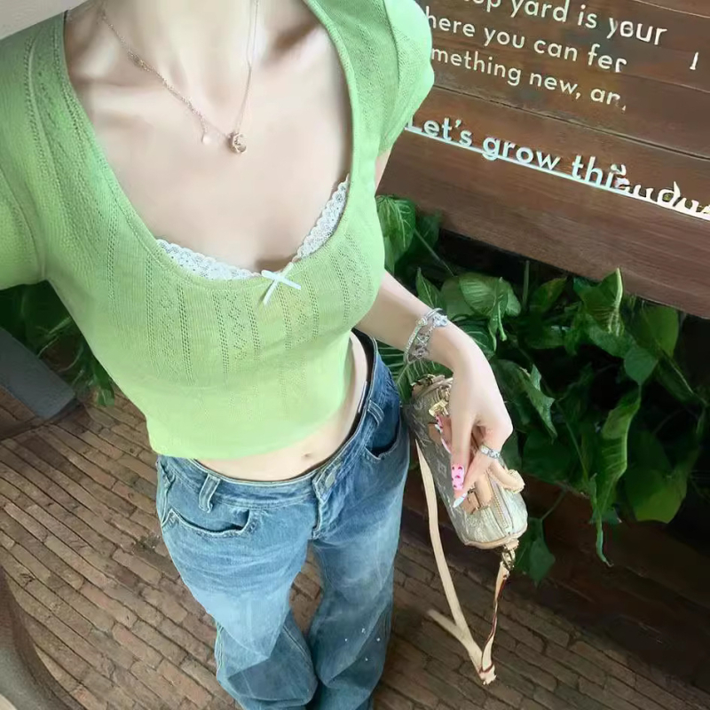 BM lažni dvodijelni top od čipke i T‑shirt za žene, kratkih rukava, zeleni ljetni top