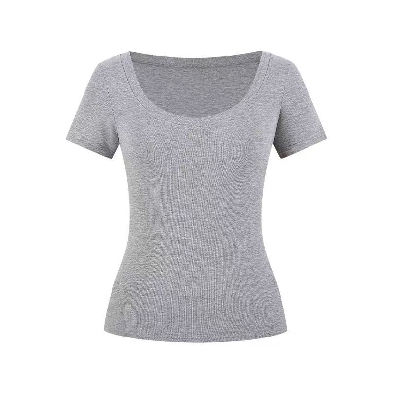 Ženski T-shirt s U-izrezom, kratki rukavi, uski kroj, jednobojna boja, osnovni ljetni top 2025