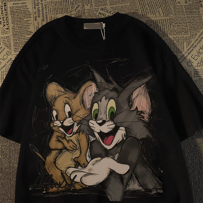 T‑shirt s kratkim rukavima, plus veličine, retro oversize s printsom Tom Cat, za žene i muškarce, ljetni opušteni top