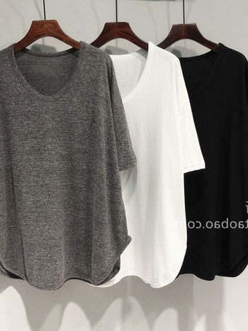 Ženski T-shirt s V-izrezom, kratki rukavi, srednja duljina, udoban kroj, jednobojna, korejski stil, plus size, ljetni