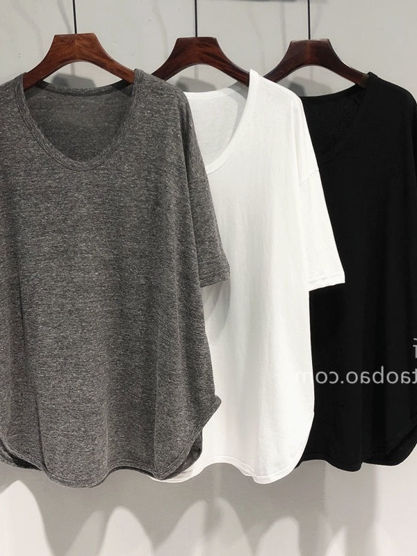 Ženski T-shirt s V-izrezom, kratki rukavi, srednja duljina, udoban kroj, jednobojna, korejski stil, plus size, ljetni