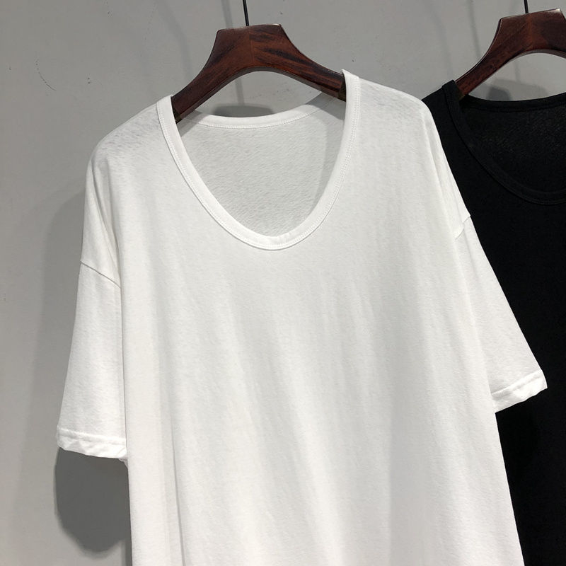 Ženski T-shirt s V-izrezom, kratki rukavi, srednja duljina, udoban kroj, jednobojna, korejski stil, plus size, ljetni
