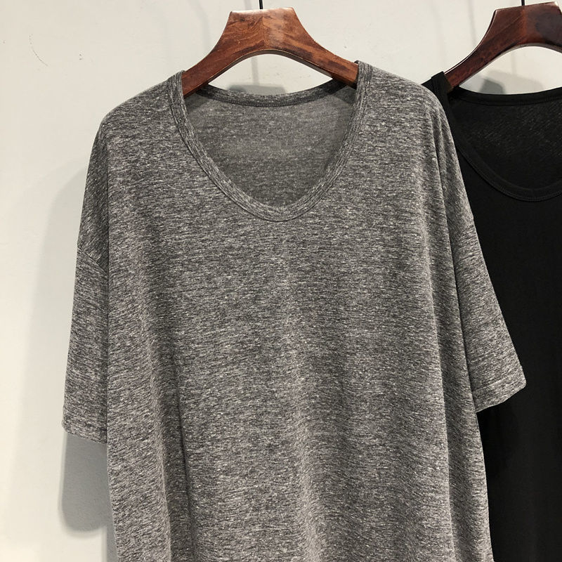 Ženski T-shirt s V-izrezom, kratki rukavi, srednja duljina, udoban kroj, jednobojna, korejski stil, plus size, ljetni