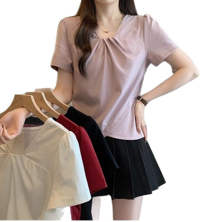 Ženski ljetni T-shirt plus veličine, jednobojna, vizualno sužava trbuh, nepravilan rub, V‑izrez