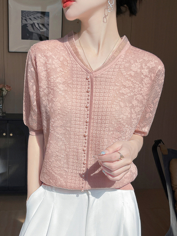 Ženski T‑shirt od Tencela s V izrezom, jednobojna jacquard tkanina, ležerni kroj, kratki rukavi, Ice Silk
