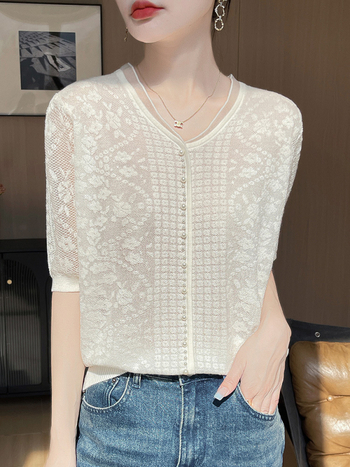 Ženski T‑shirt od Tencela s V izrezom, jednobojna jacquard tkanina, ležerni kroj, kratki rukavi, Ice Silk