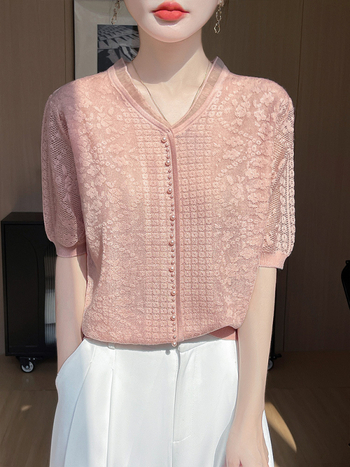Ženski T‑shirt od Tencela s V izrezom, jednobojna jacquard tkanina, ležerni kroj, kratki rukavi, Ice Silk