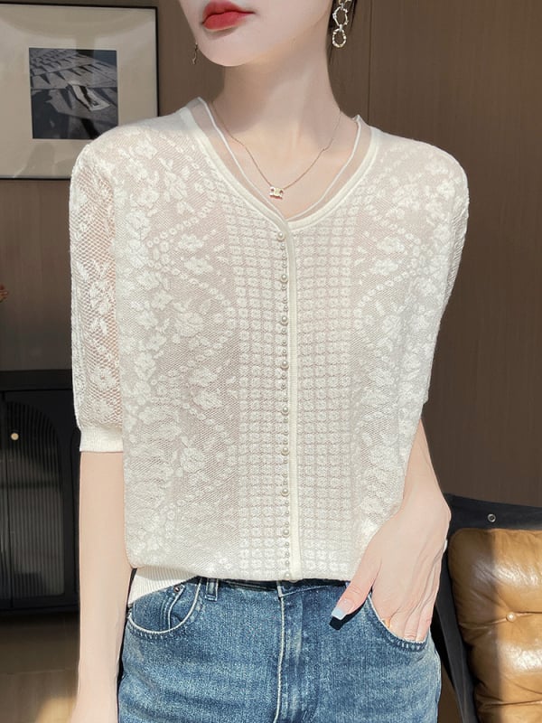 Ženski T‑shirt od Tencela s V izrezom, jednobojna jacquard tkanina, ležerni kroj, kratki rukavi, Ice Silk