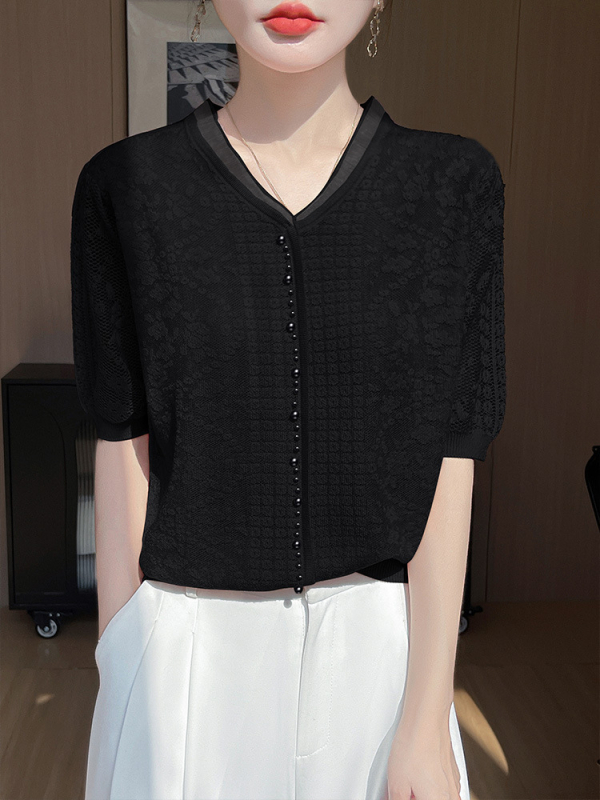Ženski T‑shirt od Tencela s V izrezom, jednobojna jacquard tkanina, ležerni kroj, kratki rukavi, Ice Silk