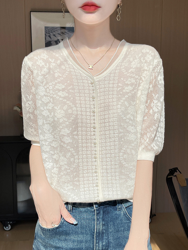 Ženski T‑shirt od Tencela s V izrezom, jednobojna jacquard tkanina, ležerni kroj, kratki rukavi, Ice Silk