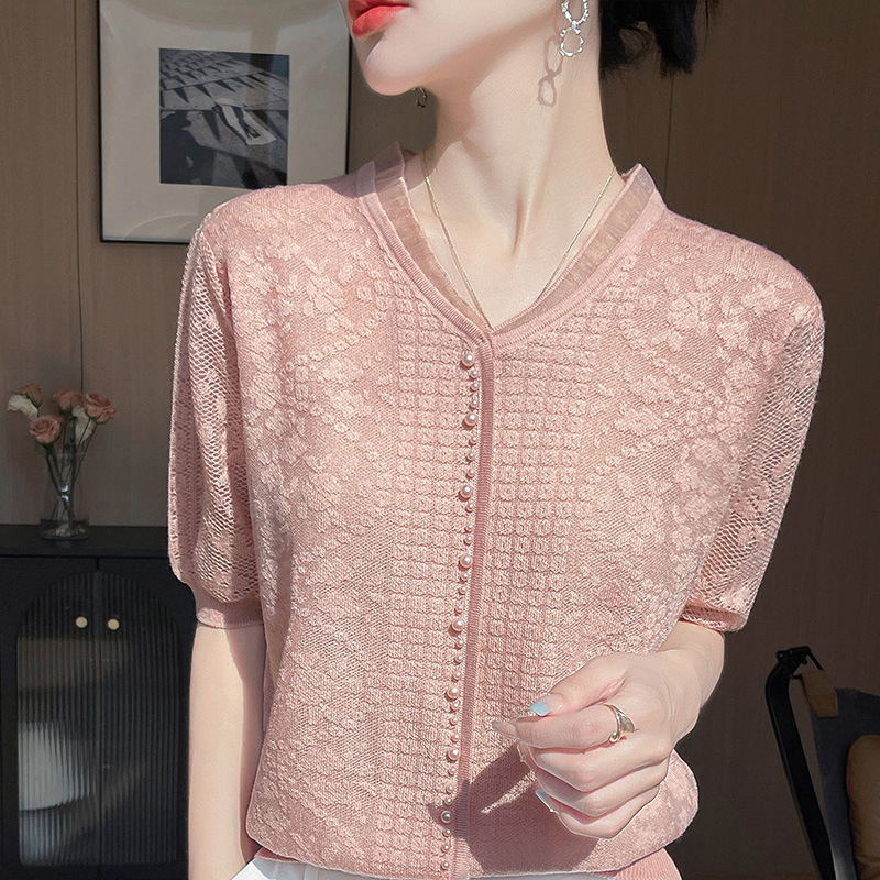 Ženski T‑shirt od Tencela s V izrezom, jednobojna jacquard tkanina, ležerni kroj, kratki rukavi, Ice Silk
