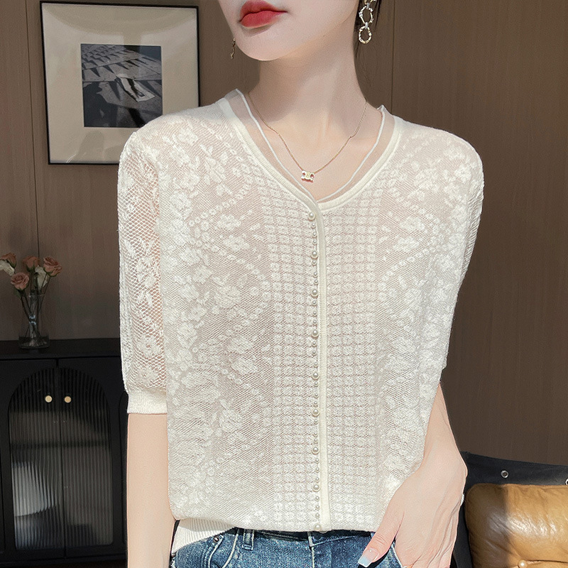 Ženski T‑shirt od Tencela s V izrezom, jednobojna jacquard tkanina, ležerni kroj, kratki rukavi, Ice Silk