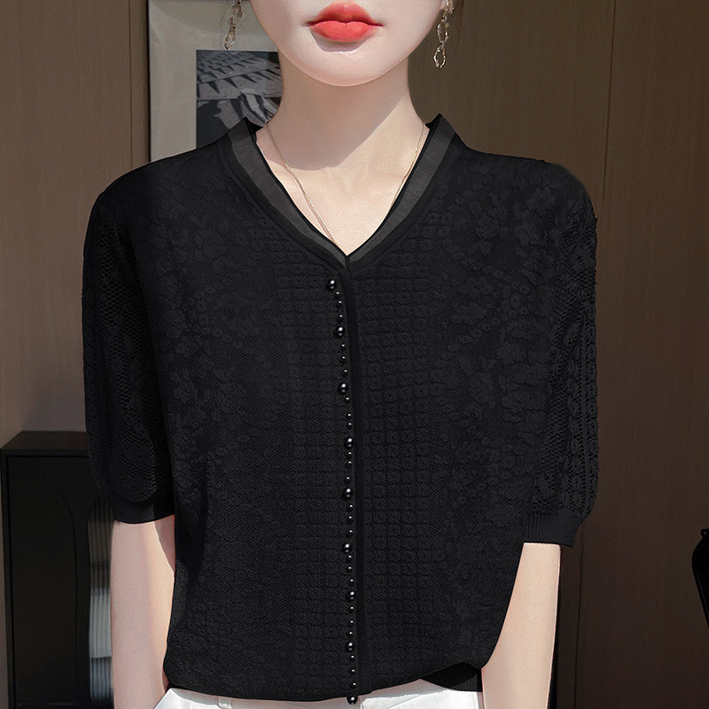 Ženski T‑shirt od Tencela s V izrezom, jednobojna jacquard tkanina, ležerni kroj, kratki rukavi, Ice Silk