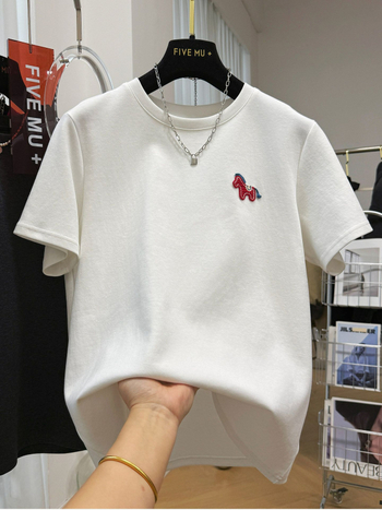 Ženski T-shirt kratkih rukava s okruglim izrezom, Derong rebrasta tkanina, plus veličina 120 kg, rana proljeće, karikatura šivenje, ležerni kroj, upečatljiv top
