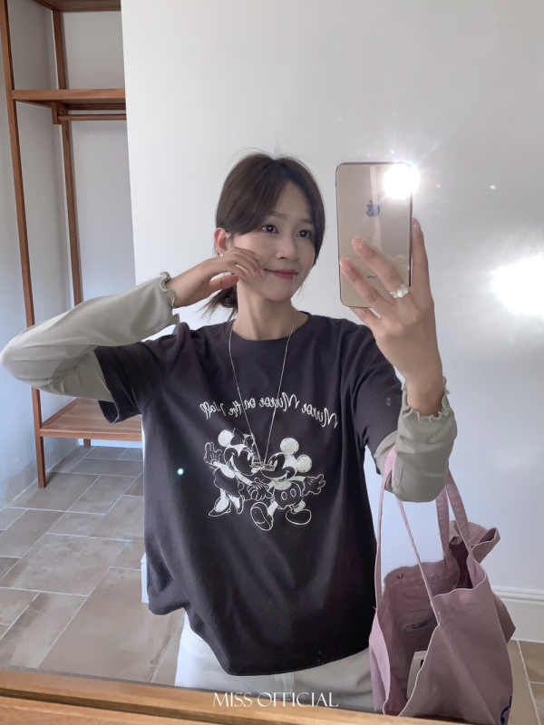 Miss Misi Home Ženska majica s Mickey Mouse motivom, kratkih rukava, okrugli izrez, korejski casual stil, 51001, proljeće 2026