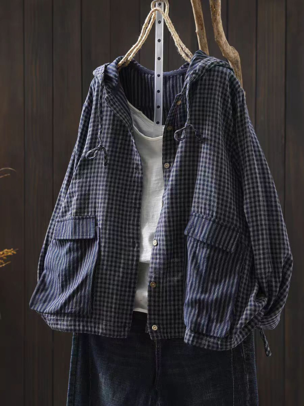 Ženska bluza 2025, jesenja karirana s kapuljom, šnira na donjem rubu, dvostruki pamuk, umjetnički vintage stil, dugi rukavi