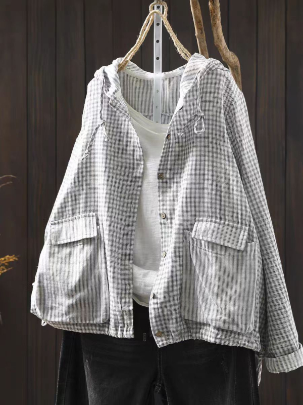 Ženska bluza 2025, jesenja karirana s kapuljom, šnira na donjem rubu, dvostruki pamuk, umjetnički vintage stil, dugi rukavi