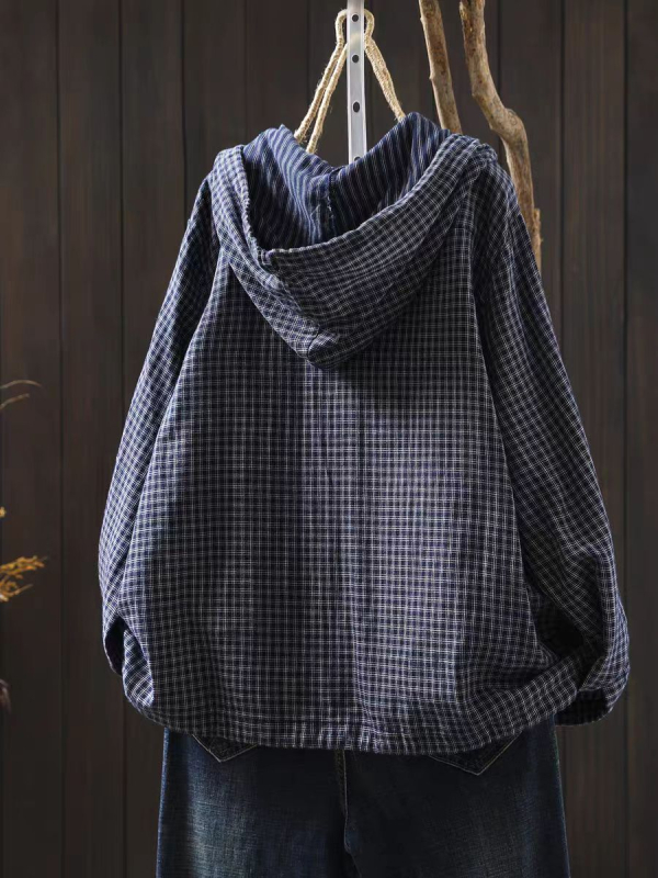Ženska bluza 2025, jesenja karirana s kapuljom, šnira na donjem rubu, dvostruki pamuk, umjetnički vintage stil, dugi rukavi