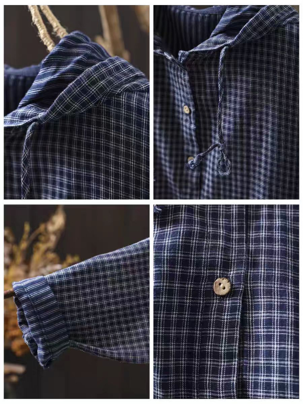 Ženska bluza 2025, jesenja karirana s kapuljom, šnira na donjem rubu, dvostruki pamuk, umjetnički vintage stil, dugi rukavi