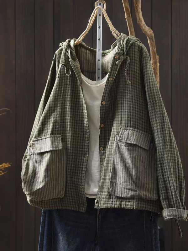 Ženska bluza 2025, jesenja karirana s kapuljom, šnira na donjem rubu, dvostruki pamuk, umjetnički vintage stil, dugi rukavi