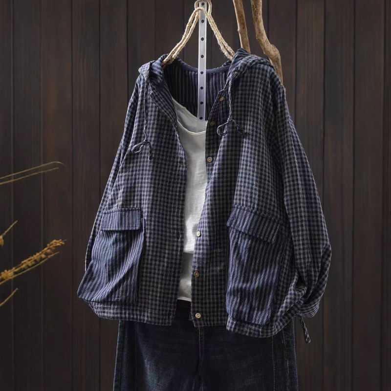 Ženska bluza 2025, jesenja karirana s kapuljom, šnira na donjem rubu, dvostruki pamuk, umjetnički vintage stil, dugi rukavi
