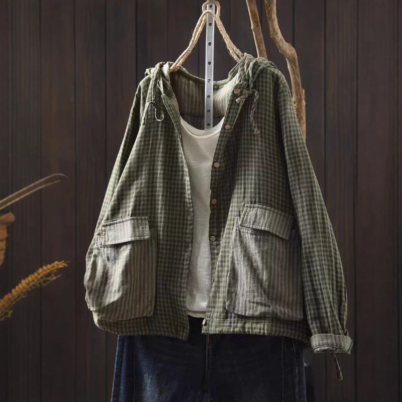 Ženska bluza 2025, jesenja karirana s kapuljom, šnira na donjem rubu, dvostruki pamuk, umjetnički vintage stil, dugi rukavi