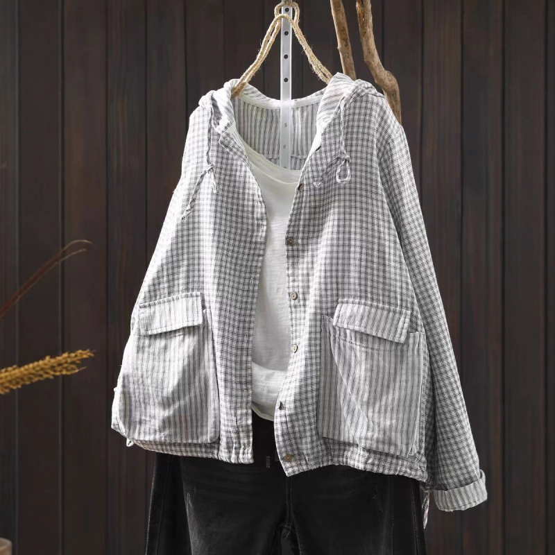 Ženska bluza 2025, jesenja karirana s kapuljom, šnira na donjem rubu, dvostruki pamuk, umjetnički vintage stil, dugi rukavi