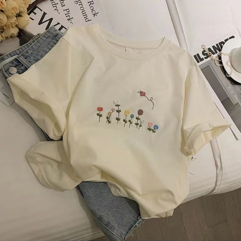 Siva ženska majica s kratkim rukavima, korejski stil, ležerni kroj, svježi otisak na pamučnoj majici