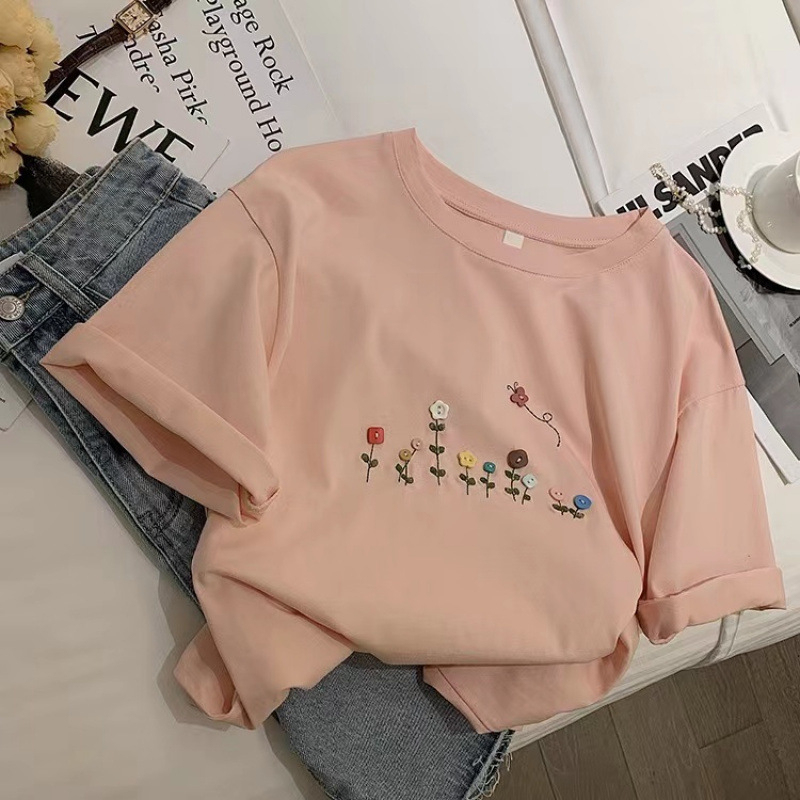 Siva ženska majica s kratkim rukavima, korejski stil, ležerni kroj, svježi otisak na pamučnoj majici