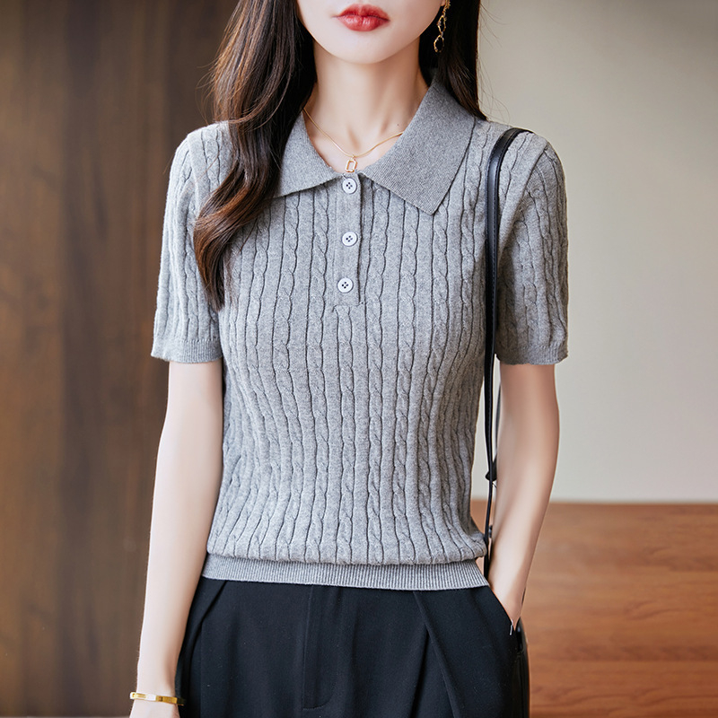 Novi elegantni polo s pletenim twist uzorkom, uski kroj, kratki rukavi, 100% pamuk, ženski ležerni pleteni top