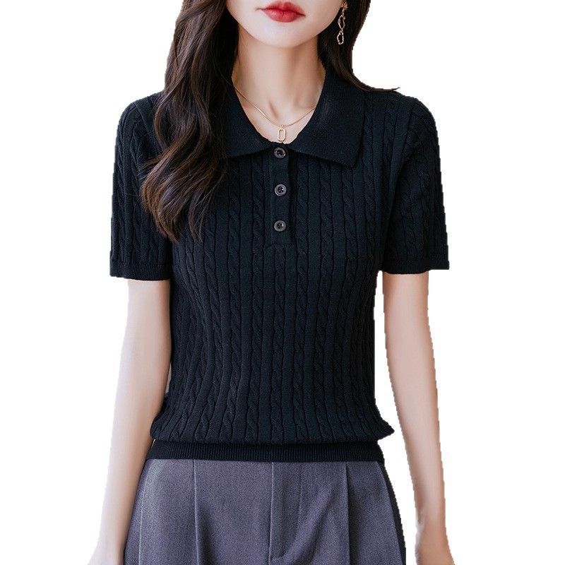 Novi elegantni polo s pletenim twist uzorkom, uski kroj, kratki rukavi, 100% pamuk, ženski ležerni pleteni top