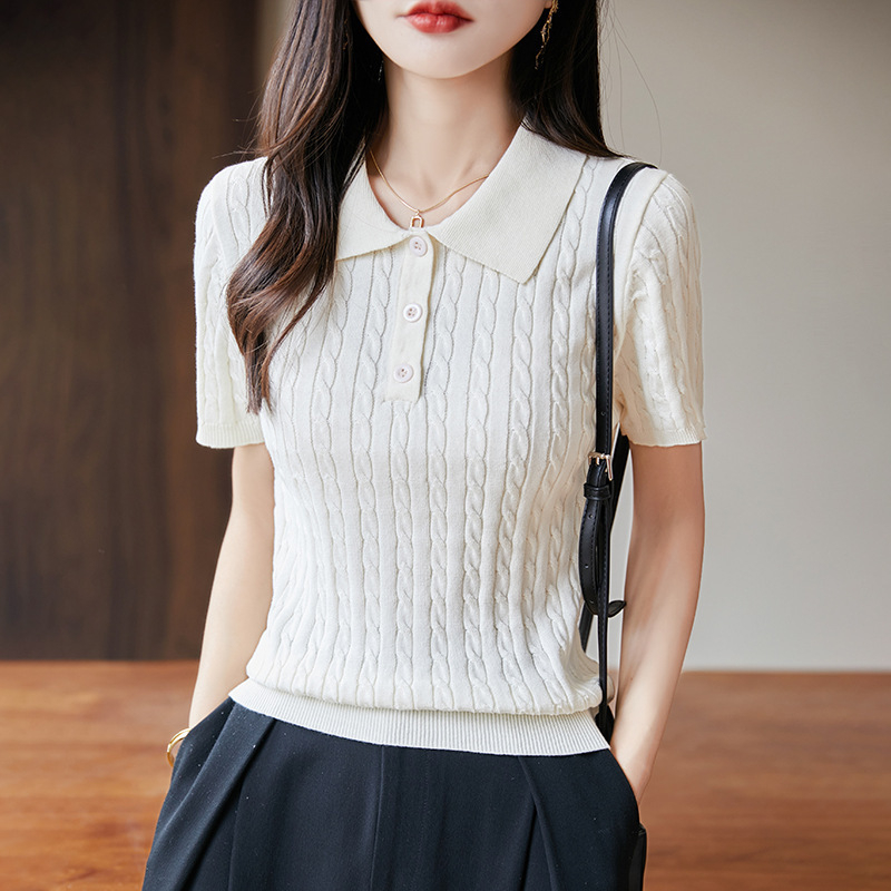 Novi elegantni polo s pletenim twist uzorkom, uski kroj, kratki rukavi, 100% pamuk, ženski ležerni pleteni top