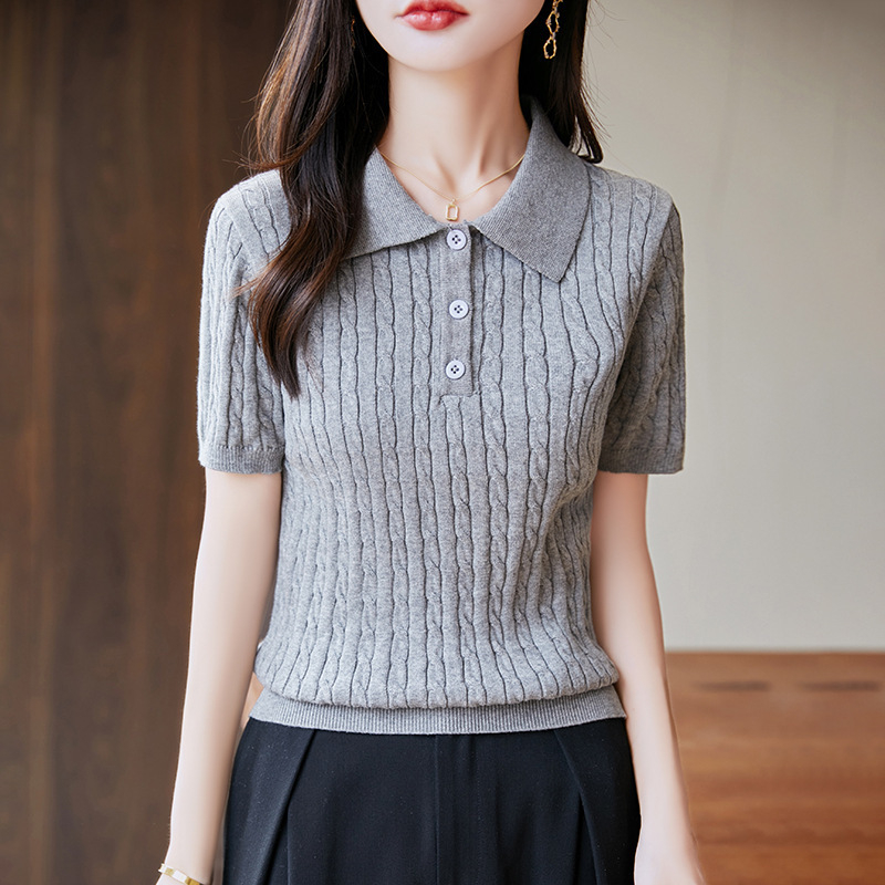 Novi elegantni polo s pletenim twist uzorkom, uski kroj, kratki rukavi, 100% pamuk, ženski ležerni pleteni top