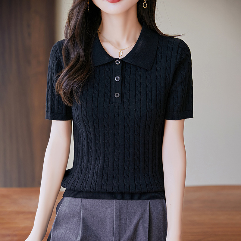 Novi elegantni polo s pletenim twist uzorkom, uski kroj, kratki rukavi, 100% pamuk, ženski ležerni pleteni top