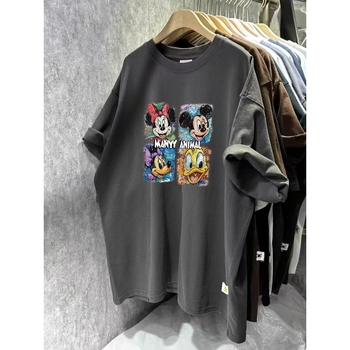 Moderno T-shirt s kratkim rukavima, slobodnog kroja, pokriva trbuh, ljetni casual stil, otisak karikature, plus size, okrugli izrez