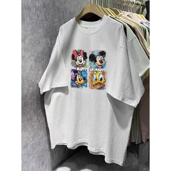Moderno T-shirt s kratkim rukavima, slobodnog kroja, pokriva trbuh, ljetni casual stil, otisak karikature, plus size, okrugli izrez