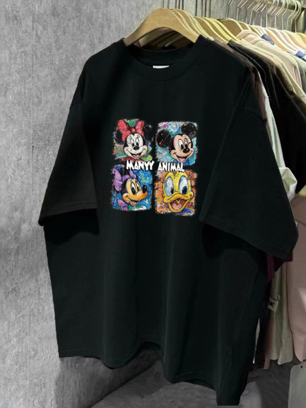 Moderno T-shirt s kratkim rukavima, slobodnog kroja, pokriva trbuh, ljetni casual stil, otisak karikature, plus size, okrugli izrez