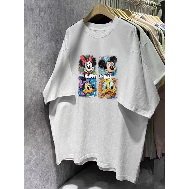 Moderno T-shirt s kratkim rukavima, slobodnog kroja, pokriva trbuh, ljetni casual stil, otisak karikature, plus size, okrugli izrez