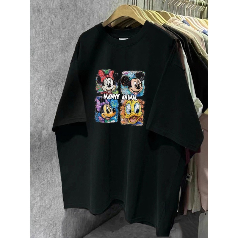 Moderno T-shirt s kratkim rukavima, slobodnog kroja, pokriva trbuh, ljetni casual stil, otisak karikature, plus size, okrugli izrez