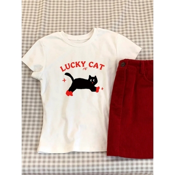 Ženski T-shirt s kratkim rukavima i okruglim izrezom, otisak mačke, široka silueta, gusta pamuk, ljetna ležerna majica