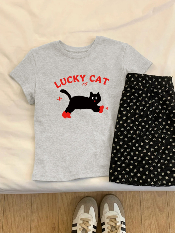 Ženski T-shirt s kratkim rukavima i okruglim izrezom, otisak mačke, široka silueta, gusta pamuk, ljetna ležerna majica