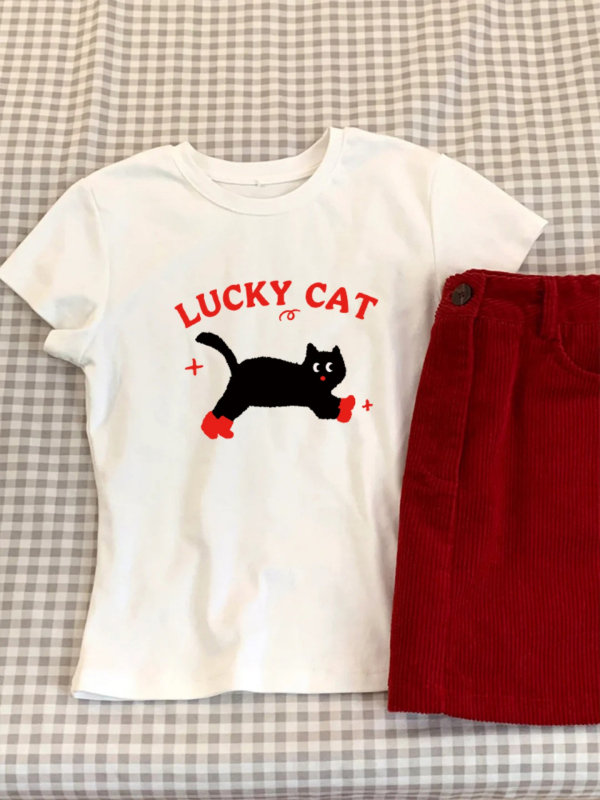 Ženski T-shirt s kratkim rukavima i okruglim izrezom, otisak mačke, široka silueta, gusta pamuk, ljetna ležerna majica