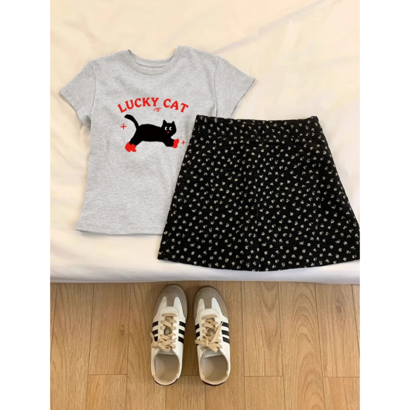 Ženski T-shirt s kratkim rukavima i okruglim izrezom, otisak mačke, široka silueta, gusta pamuk, ljetna ležerna majica