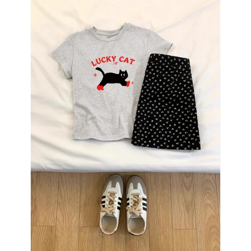 Ženski T-shirt s kratkim rukavima i okruglim izrezom, otisak mačke, široka silueta, gusta pamuk, ljetna ležerna majica