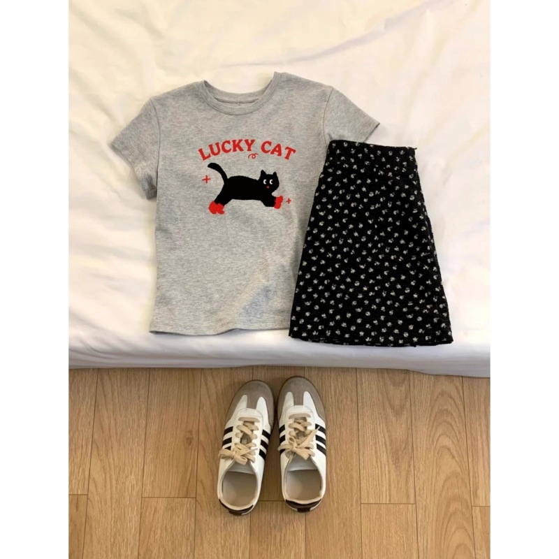 Ženski T-shirt s kratkim rukavima i okruglim izrezom, otisak mačke, široka silueta, gusta pamuk, ljetna ležerna majica