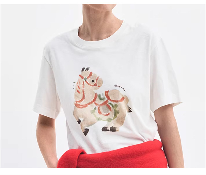 Bijela majica od čistog pamuka, unisex, kratki rukavi, dvostrano pletena, Godina konja