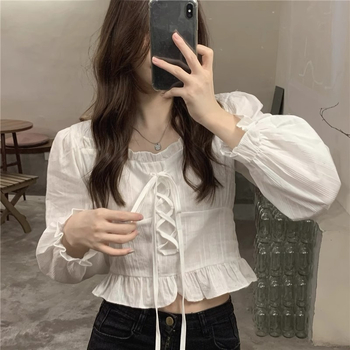 Ženska bluza u korejskom chic stilu s francuskim štihom, okrugli izrez s vezanjem, dugi rukavi, uska silueta, jedinstveni top