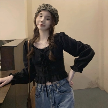 Ženska bluza u korejskom chic stilu s francuskim štihom, okrugli izrez s vezanjem, dugi rukavi, uska silueta, jedinstveni top